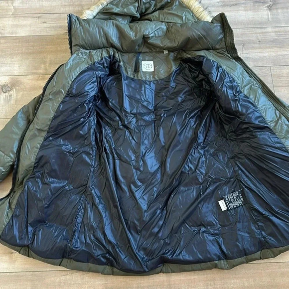 S13 Chalet Belted Faux Fur Trim Down-Fill Hooded Puffer Jacket Dark Green Sz M - Picture 9 of 14